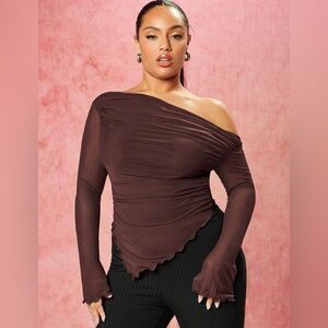 SHEIN BAE Off-Shoulder Brown Mesh Plus Size Long-Sleeved Top